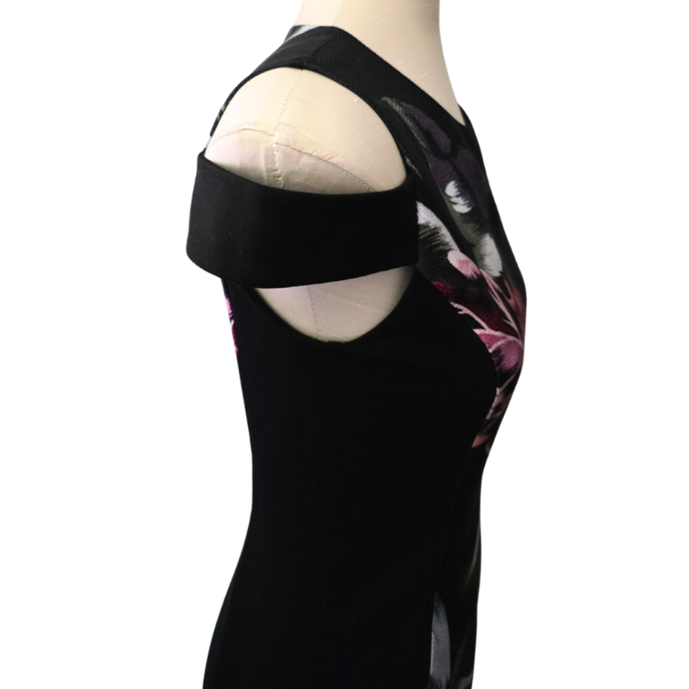 Black Floral Cold-Shoulder Sheath Dress - Picture 3 of 13
